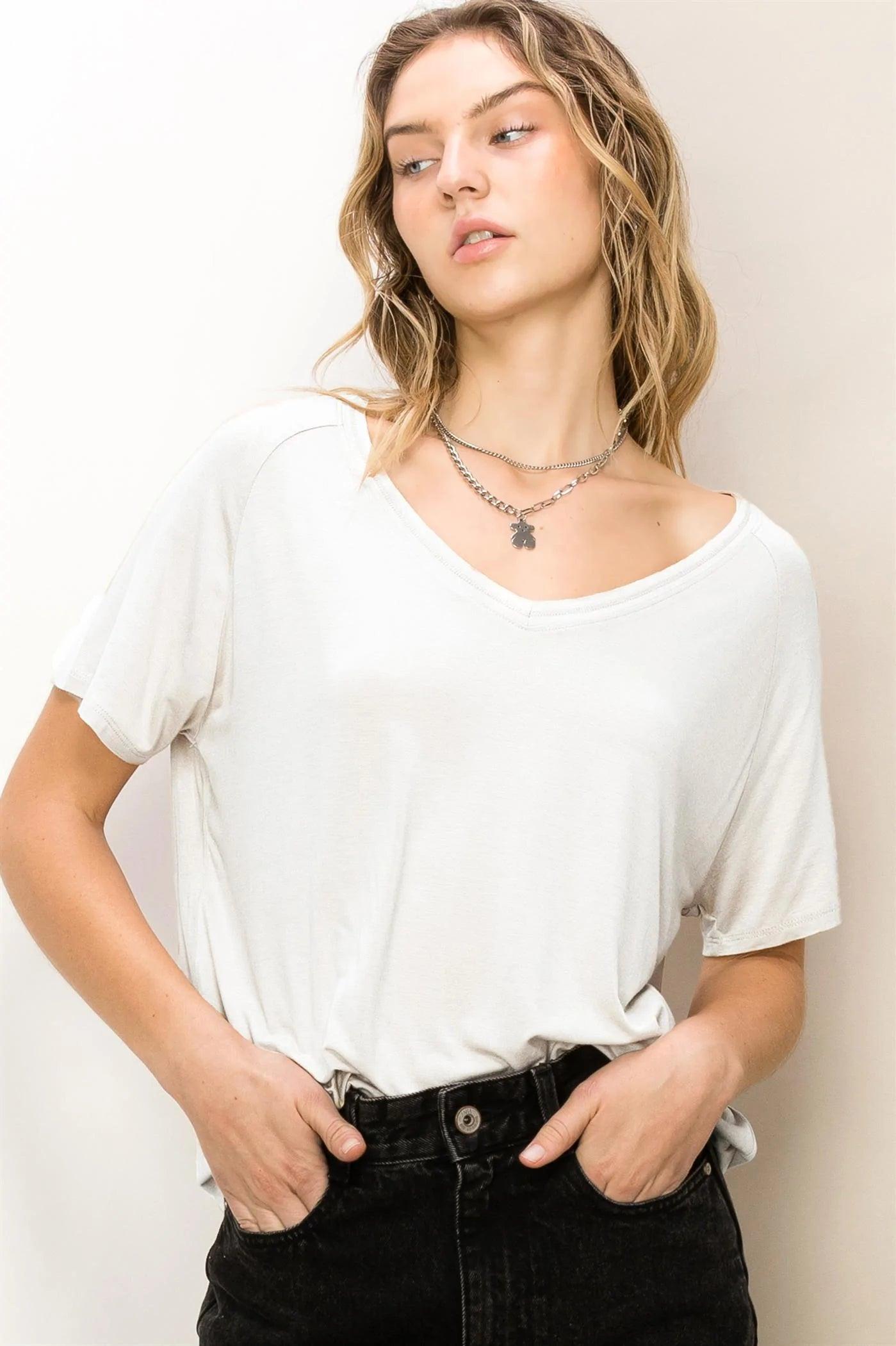 Hyfve Double Zero Always Late Oversized V-Neck Tee In Off White-Short Sleeves-Hyfve-Deja Nu Boutique, Women's Fashion Boutique in Lampasas, Texas