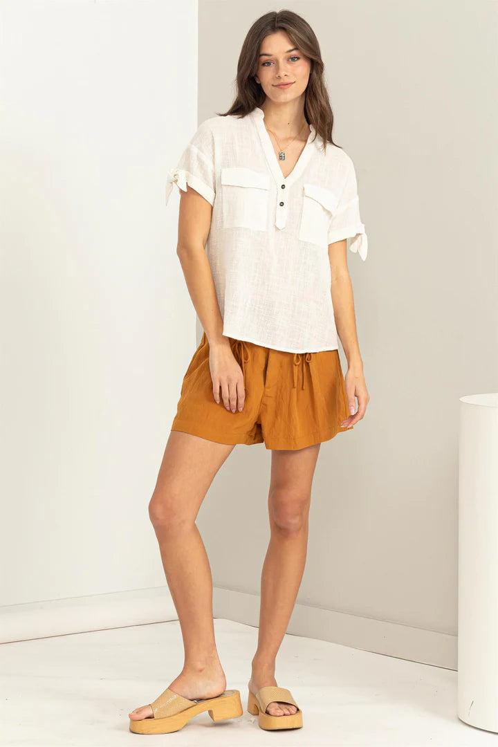 Hyfve Double Zero Always Ready Short-Sleeve Button-Front Top In Off White-Short Sleeves-Hyfve-Deja Nu Boutique, Women's Fashion Boutique in Lampasas, Texas