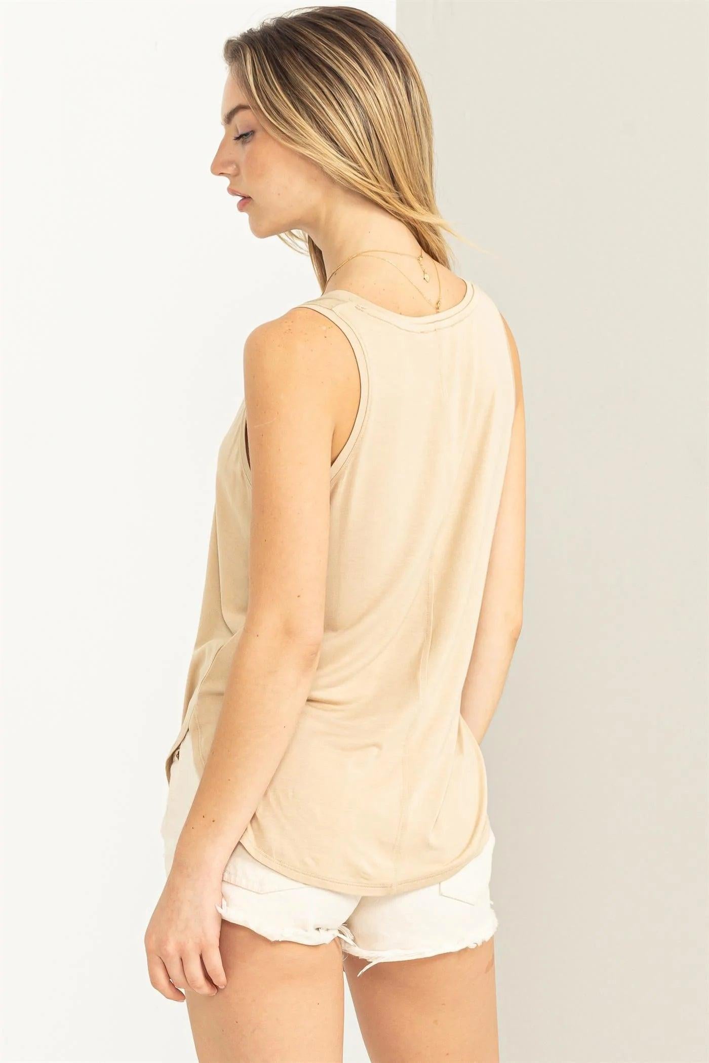 Hyfve Double Zero Call Me Yours V-Neck Tank Top In Caffe Latte-Camis/Tanks-Hyfve-Deja Nu Boutique, Women's Fashion Boutique in Lampasas, Texas