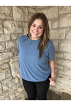 Hyfve Double Zero Crew Neck Short Sleeve Top In Grey Blue-Tops-Hyfve-Deja Nu Boutique, Women's Fashion Boutique in Lampasas, Texas