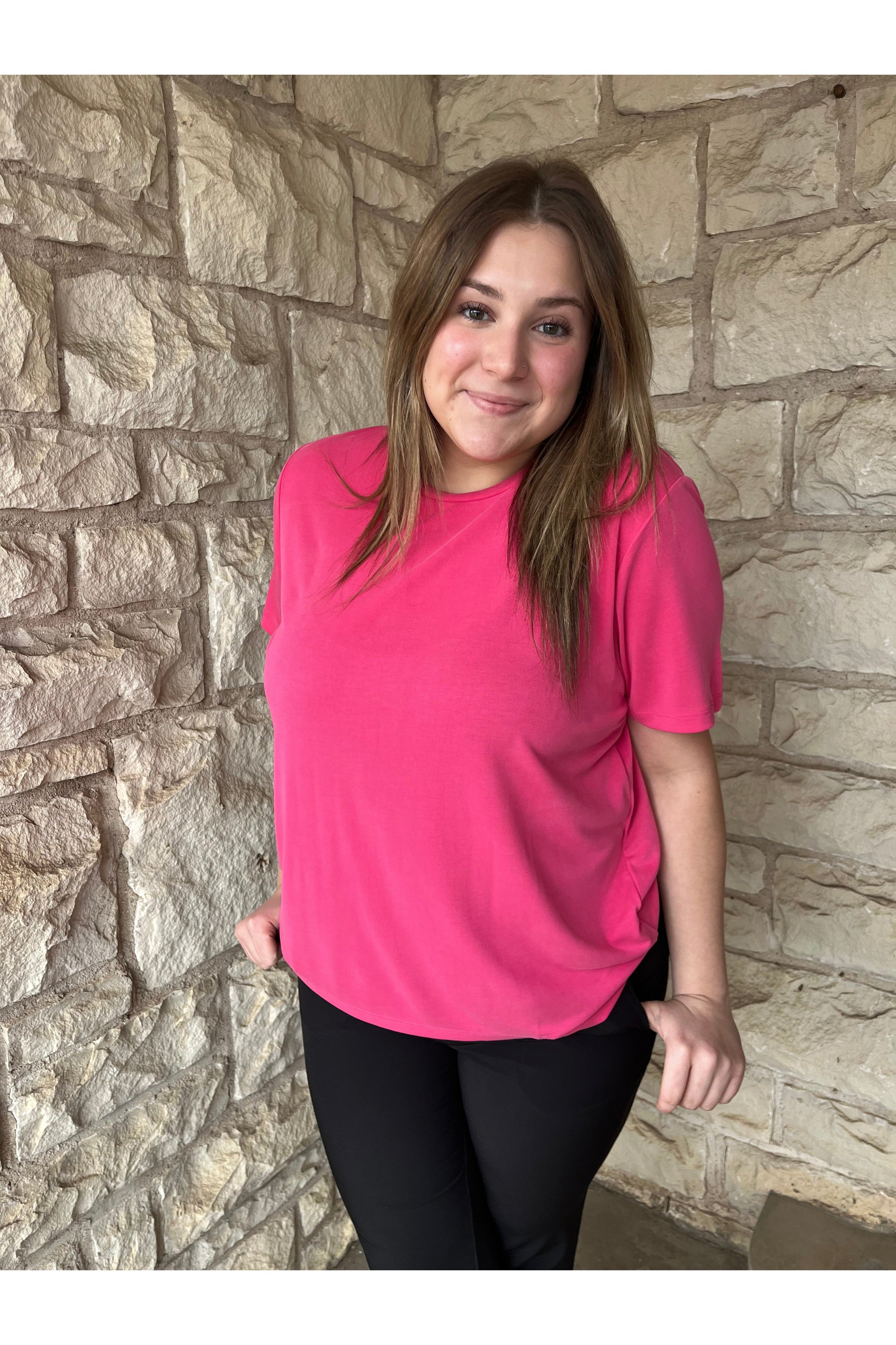 Hyfve Double Zero Crew Neck Short Sleeve Top In Raspberry-Tops-Hyfve-Deja Nu Boutique, Women's Fashion Boutique in Lampasas, Texas