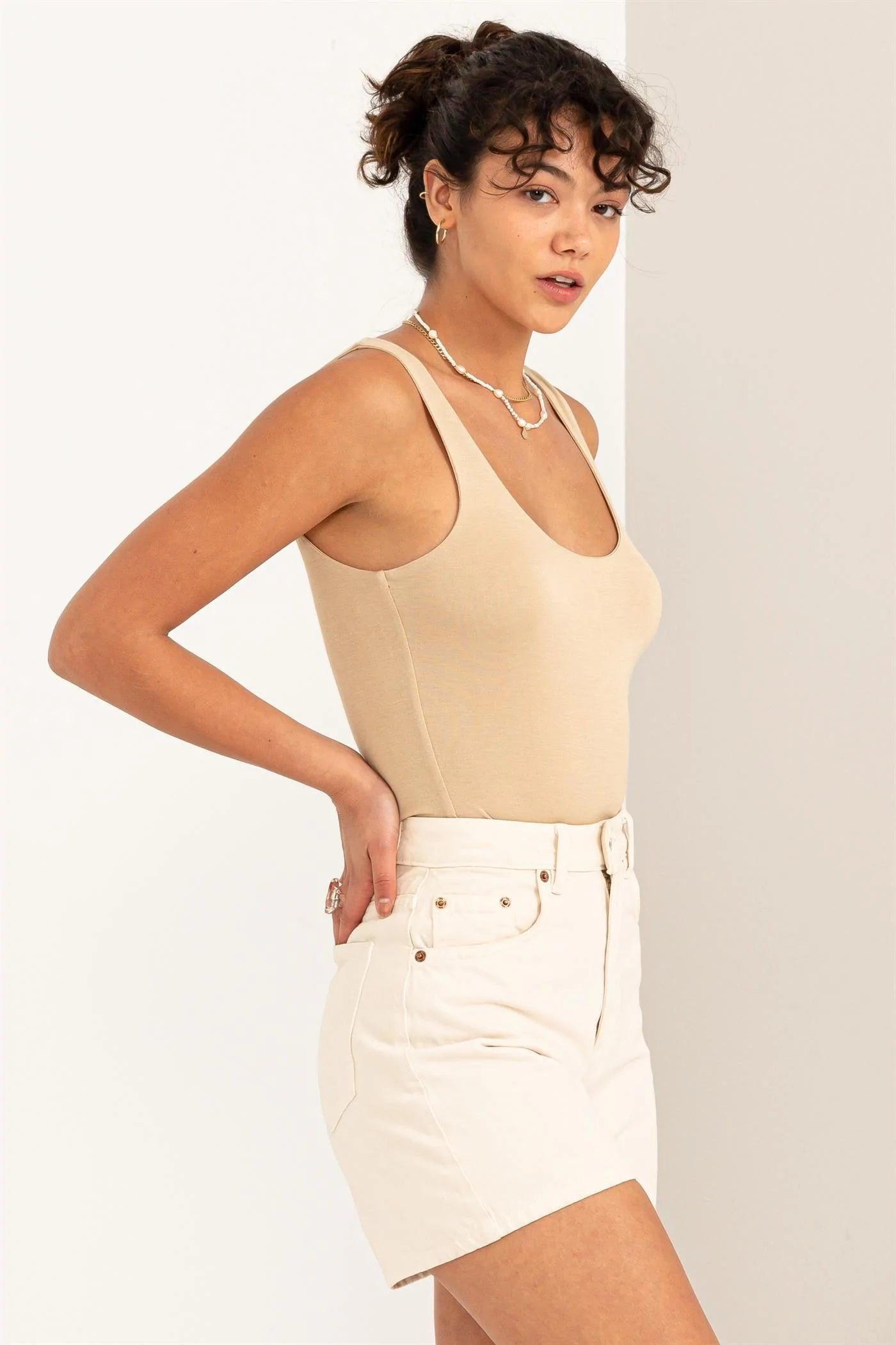 Hyfve Double Zero Hearts Align Scoop Neck Tank Bodysuit In Caffe Latte-Camis/Tanks-Hyfve-Deja Nu Boutique, Women's Fashion Boutique in Lampasas, Texas