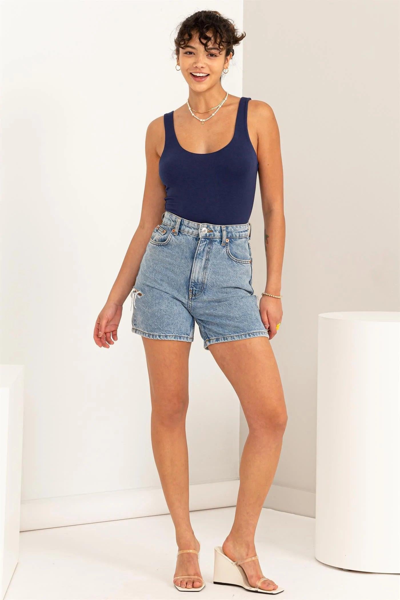 Hyfve Double Zero Hearts Align Scoop Neck Tank Bodysuit In Dark Night-Camis/Tanks-Hyfve-Deja Nu Boutique, Women's Fashion Boutique in Lampasas, Texas