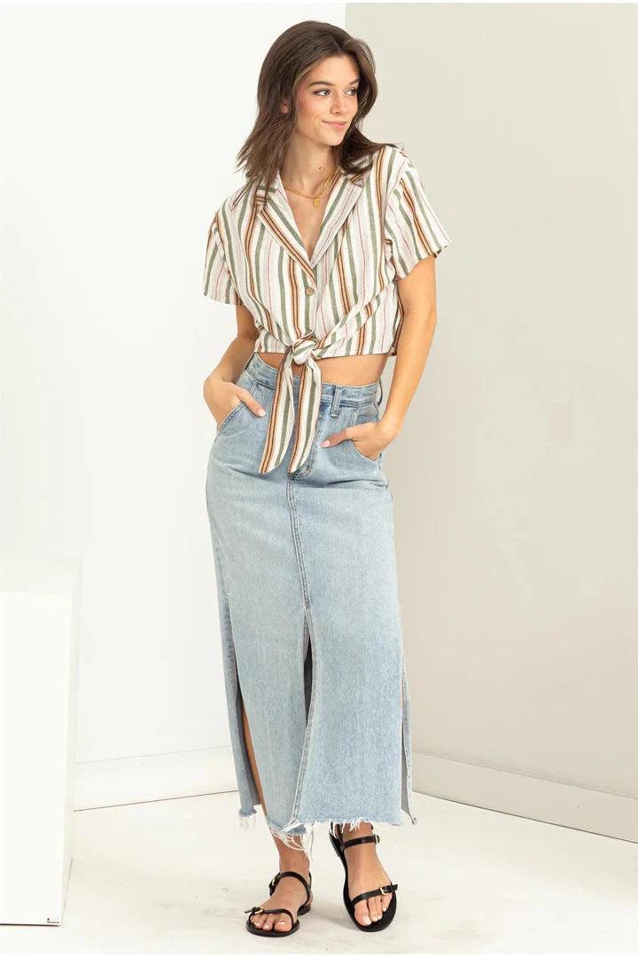 Hyfve Double Zero Mine For The Summer Stripe-Print Cropped Shirt-Tops-Hyfve-Deja Nu Boutique, Women's Fashion Boutique in Lampasas, Texas