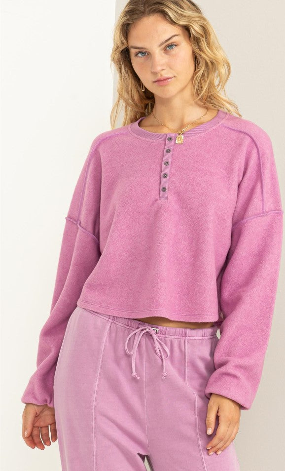 Hyfve Double Zero Mood Setter Cropped Henley Sweatshirt In Vintage Plum-Sweaters-Hyfve-Deja Nu Boutique, Women's Fashion Boutique in Lampasas, Texas