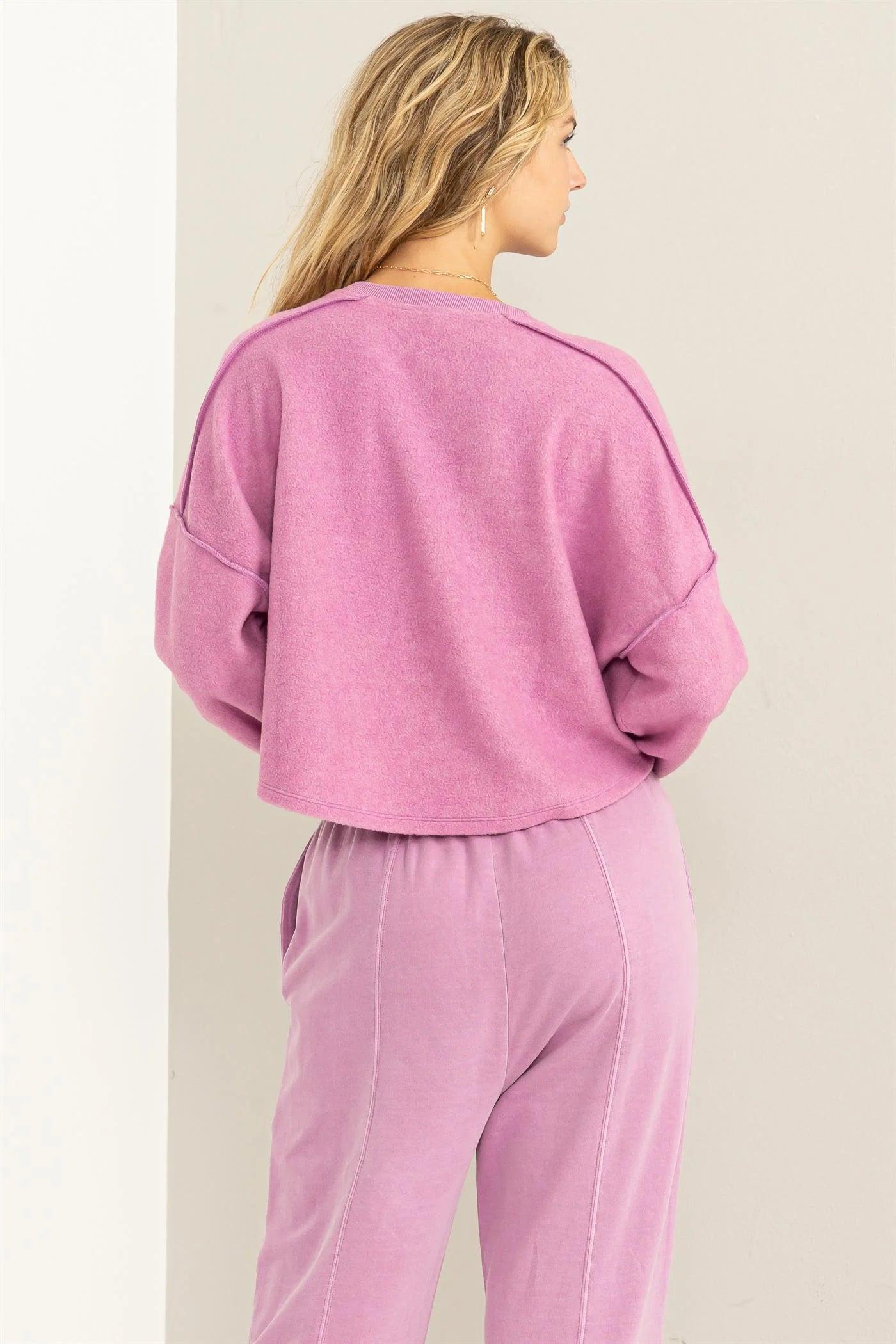 Hyfve Double Zero Mood Setter Cropped Henley Sweatshirt In Vintage Plum-Sweaters-Hyfve-Deja Nu Boutique, Women's Fashion Boutique in Lampasas, Texas