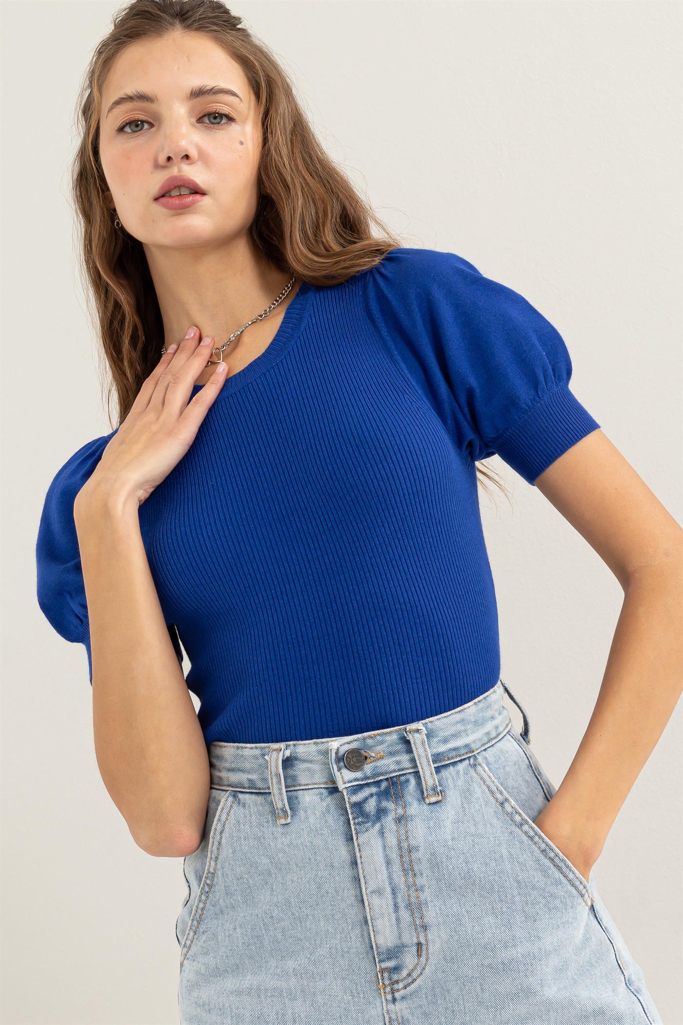 Hyfve Double Zero Ribbed Puff Sleeve Knit Top In Cobalt-Tops-Hyfve-Deja Nu Boutique, Women's Fashion Boutique in Lampasas, Texas