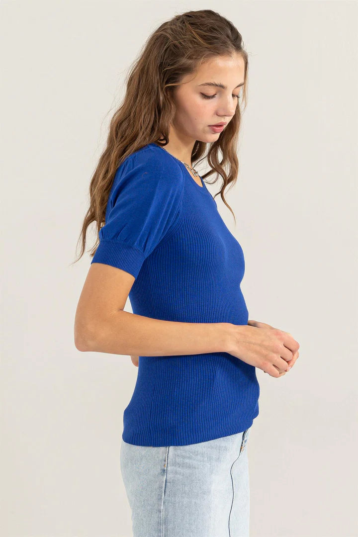 Hyfve Double Zero Ribbed Puff Sleeve Knit Top In Cobalt-Tops-Hyfve-Deja Nu Boutique, Women's Fashion Boutique in Lampasas, Texas