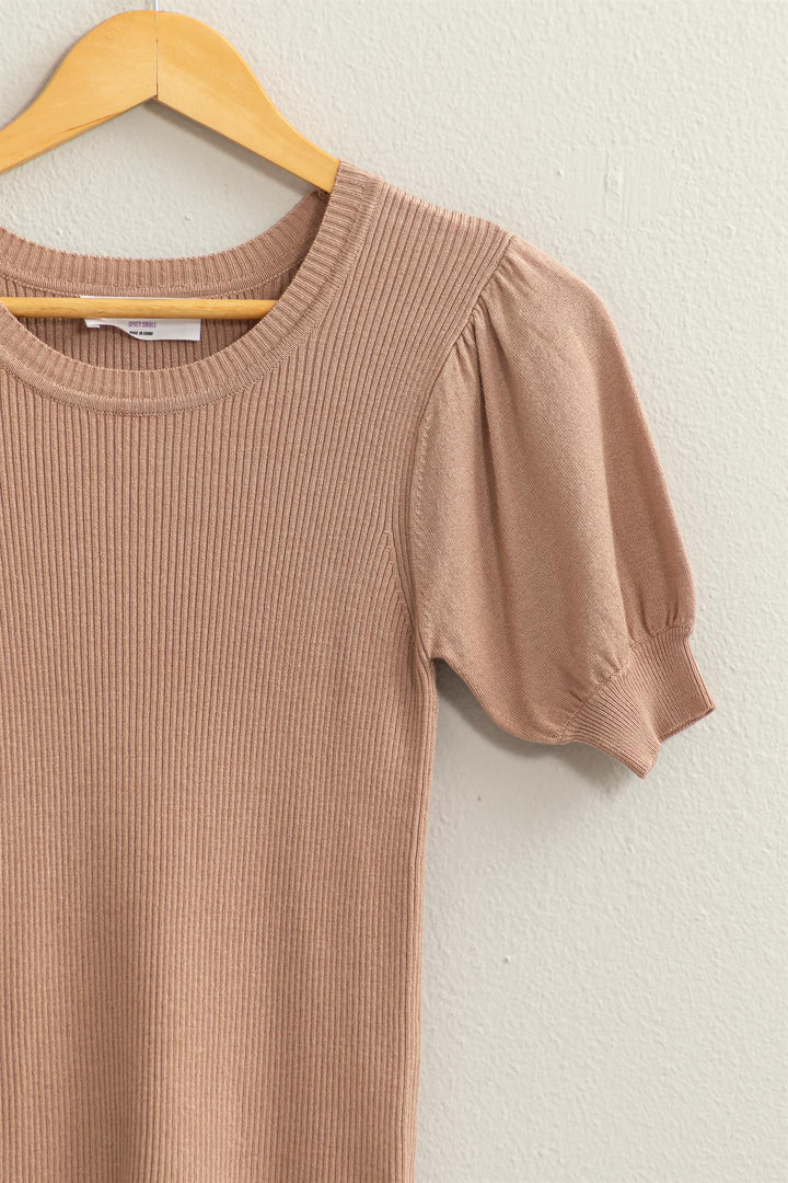 Hyfve Double Zero Ribbed Puff Sleeve Knit Top In Tan-Tops-Hyfve-Deja Nu Boutique, Women's Fashion Boutique in Lampasas, Texas