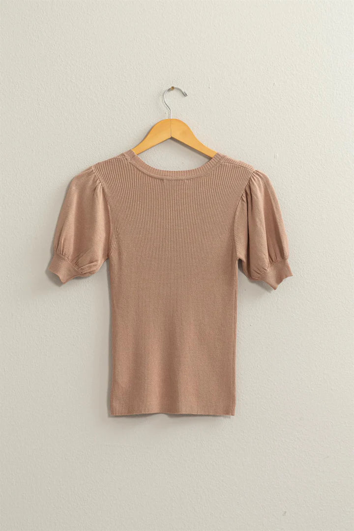 Hyfve Double Zero Ribbed Puff Sleeve Knit Top In Tan-Tops-Hyfve-Deja Nu Boutique, Women's Fashion Boutique in Lampasas, Texas