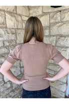 Hyfve Double Zero Ribbed Puff Sleeve Knit Top In Tan-Tops-Hyfve-Deja Nu Boutique, Women's Fashion Boutique in Lampasas, Texas