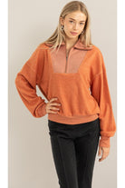 Hyfve Double Zero Stylish Sensation Half-Zip Sweatshirt In Baked Clay-Sweaters-Hyfve-Deja Nu Boutique, Women's Fashion Boutique in Lampasas, Texas