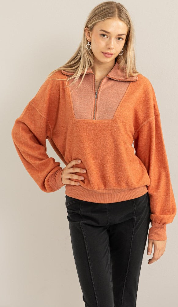 Hyfve Double Zero Stylish Sensation Half-Zip Sweatshirt In Baked Clay-Sweaters-Hyfve-Deja Nu Boutique, Women's Fashion Boutique in Lampasas, Texas