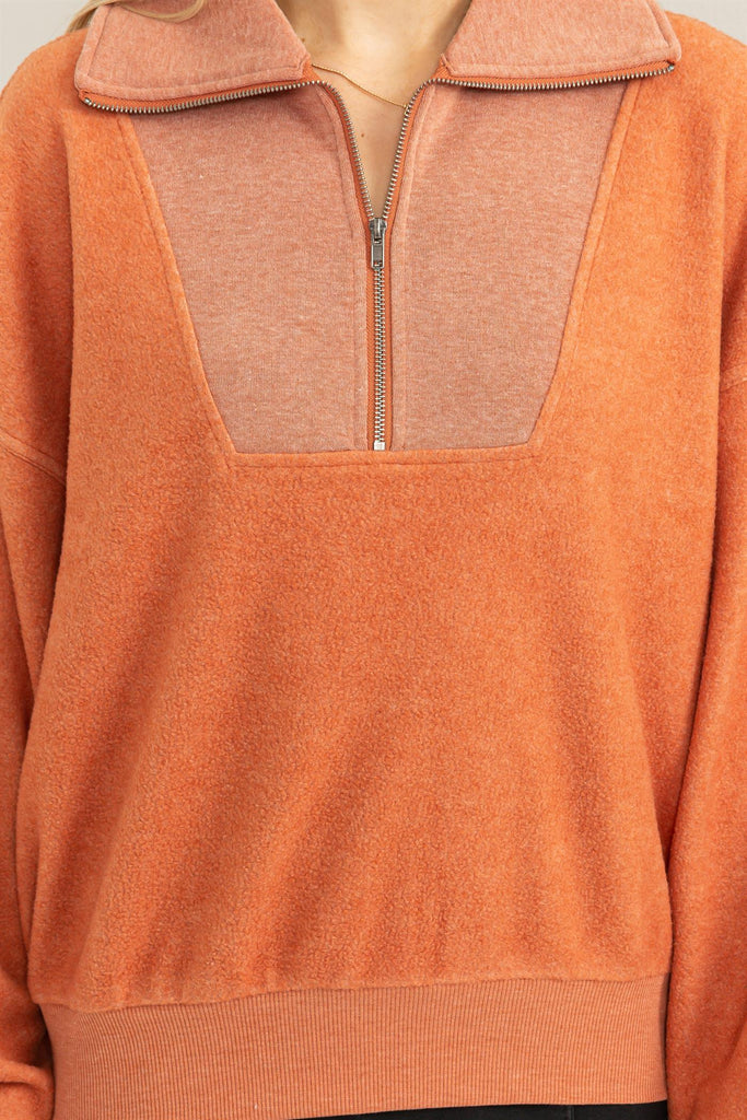 Hyfve Double Zero Stylish Sensation Half-Zip Sweatshirt In Baked Clay-Sweaters-Hyfve-Deja Nu Boutique, Women's Fashion Boutique in Lampasas, Texas