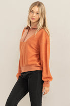 Hyfve Double Zero Stylish Sensation Half-Zip Sweatshirt In Baked Clay-Sweaters-Hyfve-Deja Nu Boutique, Women's Fashion Boutique in Lampasas, Texas