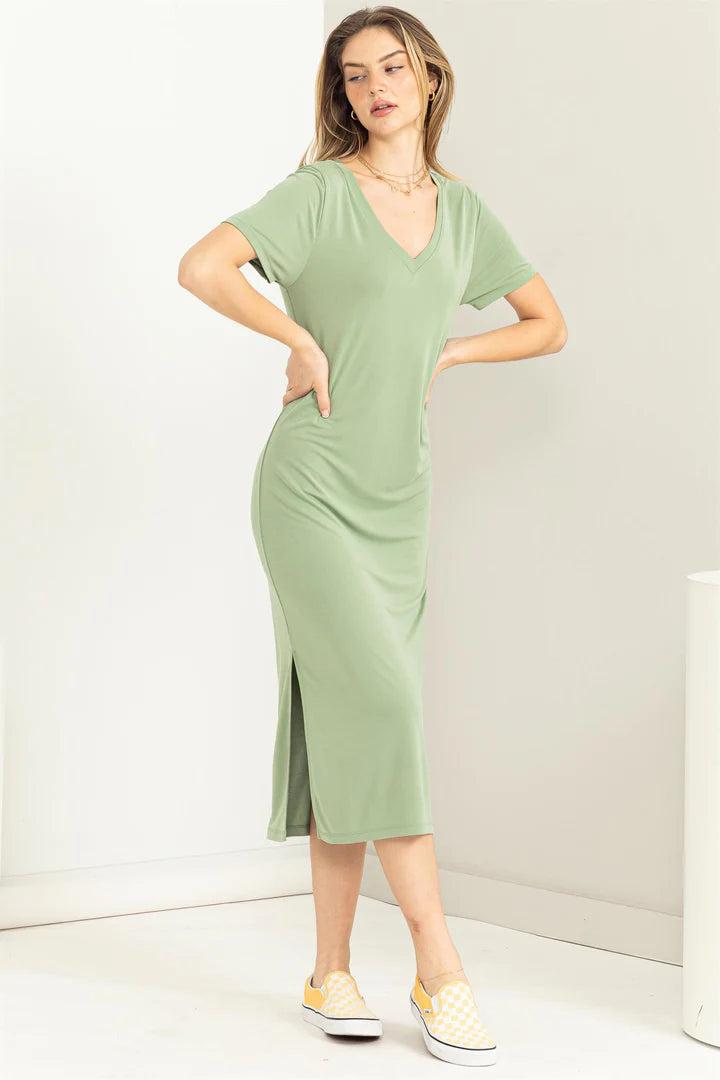 Hyfve Double Zero Sun’s Out V Neck Short Sleeve Midi Dress In Matt Olive-Midi Dresses-Hyfve-Deja Nu Boutique, Women's Fashion Boutique in Lampasas, Texas