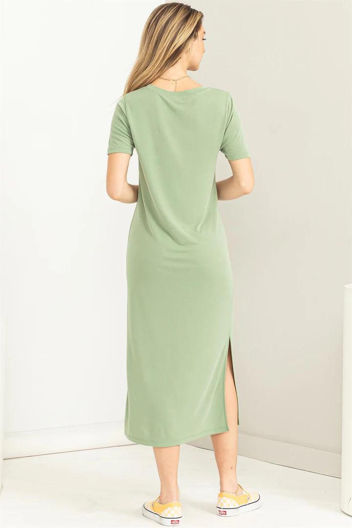 Hyfve Double Zero Sun’s Out V Neck Short Sleeve Midi Dress In Matt Olive-Midi Dresses-Hyfve-Deja Nu Boutique, Women's Fashion Boutique in Lampasas, Texas