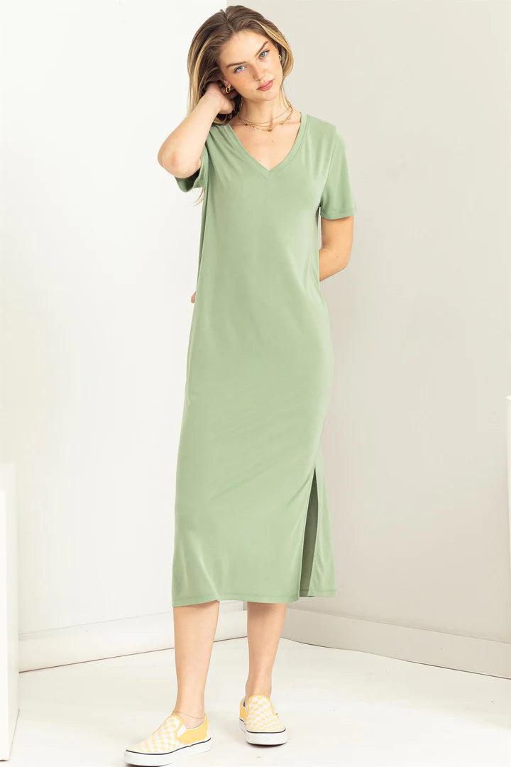Hyfve Double Zero Sun’s Out V Neck Short Sleeve Midi Dress In Matt Olive-Midi Dresses-Hyfve-Deja Nu Boutique, Women's Fashion Boutique in Lampasas, Texas