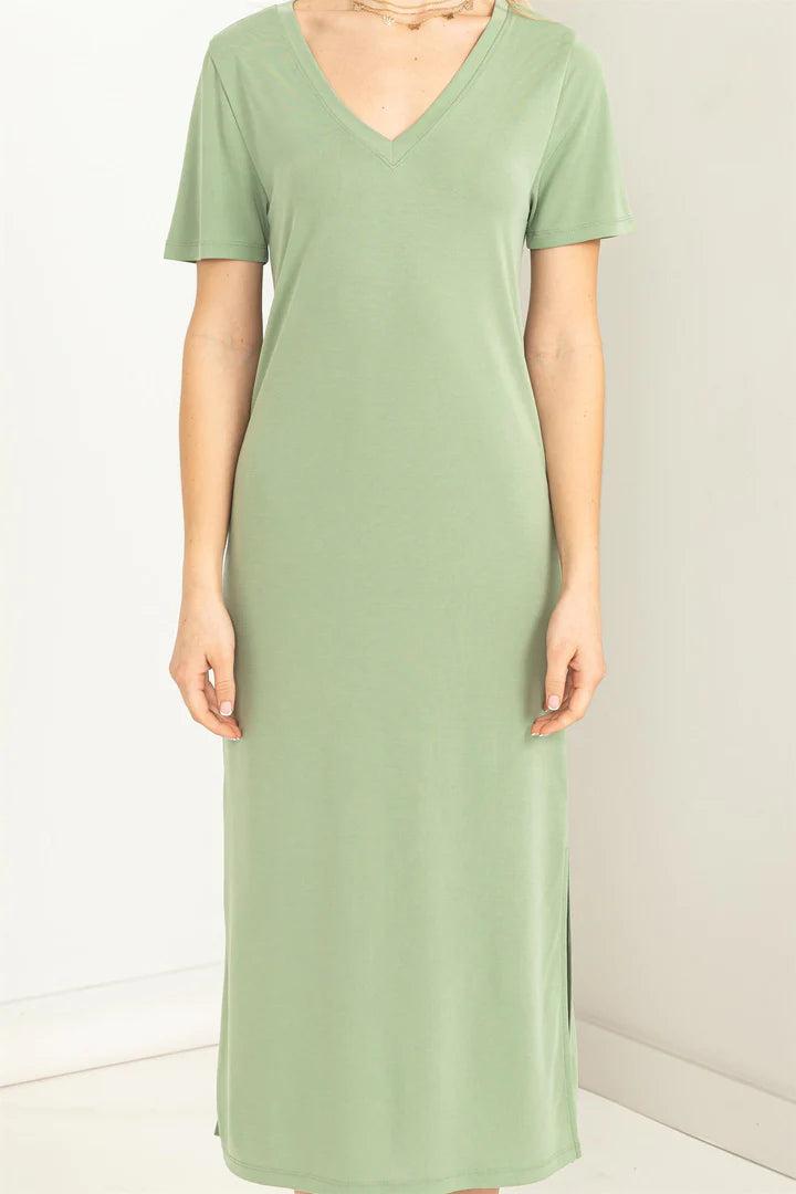 Hyfve Double Zero Sun’s Out V Neck Short Sleeve Midi Dress In Matt Olive-Midi Dresses-Hyfve-Deja Nu Boutique, Women's Fashion Boutique in Lampasas, Texas