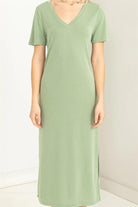 Hyfve Double Zero Sun’s Out V Neck Short Sleeve Midi Dress In Matt Olive-Midi Dresses-Hyfve-Deja Nu Boutique, Women's Fashion Boutique in Lampasas, Texas