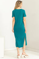 Hyfve Double Zero Sun’s Out V Neck Short Sleeve Midi Dress In Teal-Midi Dresses-Hyfve-Deja Nu Boutique, Women's Fashion Boutique in Lampasas, Texas