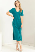 Hyfve Double Zero Sun’s Out V Neck Short Sleeve Midi Dress In Teal-Midi Dresses-Hyfve-Deja Nu Boutique, Women's Fashion Boutique in Lampasas, Texas