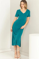 Hyfve Double Zero Sun’s Out V Neck Short Sleeve Midi Dress In Teal-Midi Dresses-Hyfve-Deja Nu Boutique, Women's Fashion Boutique in Lampasas, Texas