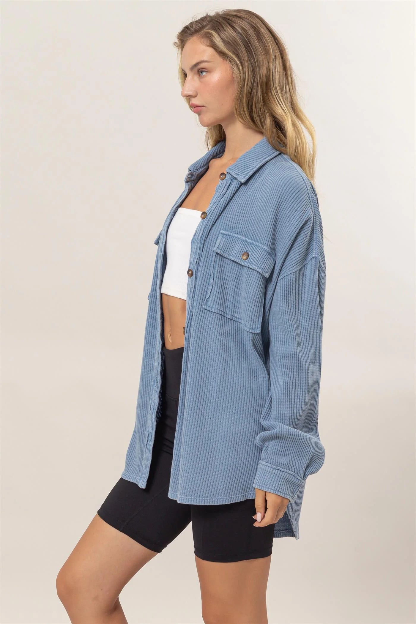 Hyfve Double Zero Waffle Oversized Button Up Shacket In Grey Blue-Shackets-Hyfve-Deja Nu Boutique, Women's Fashion Boutique in Lampasas, Texas