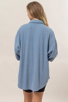 Hyfve Double Zero Waffle Oversized Button Up Shacket In Grey Blue-Shackets-Hyfve-Deja Nu Boutique, Women's Fashion Boutique in Lampasas, Texas