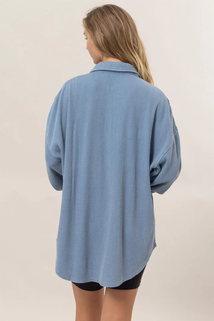 Hyfve Double Zero Waffle Oversized Button Up Shacket In Grey Blue-Shackets-Hyfve-Deja Nu Boutique, Women's Fashion Boutique in Lampasas, Texas