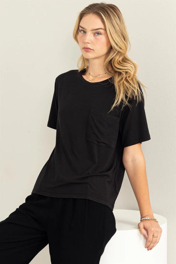 Hyfve Double Zero Wonderful Intentions Oversized Pocket Tee in Black-Short Sleeves-Hyfve-Deja Nu Boutique, Women's Fashion Boutique in Lampasas, Texas