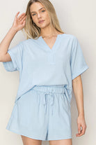 Hyfve Henley Top And Short Two Piece Set In Light Blue-Clothing Set-Hyfve-Deja Nu Boutique, Women's Fashion Boutique in Lampasas, Texas