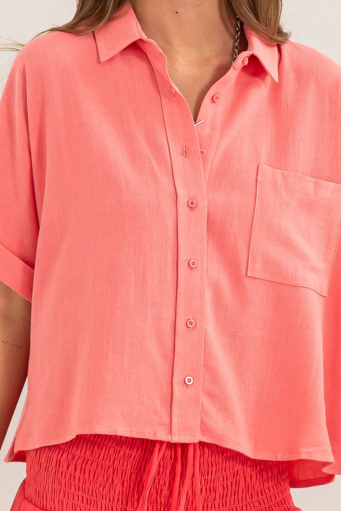 Hyfve Keep It Casual Linen Blend Shirt In Pink-Tops-Hyfve-Deja Nu Boutique, Women's Fashion Boutique in Lampasas, Texas