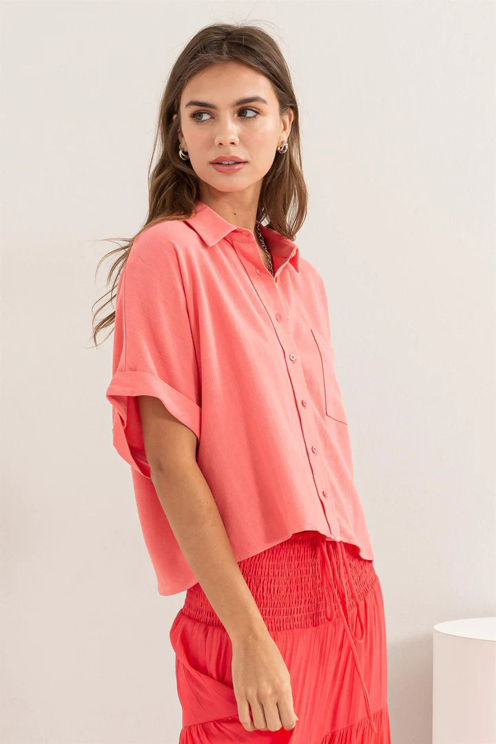 Hyfve Keep It Casual Linen Blend Shirt In Pink-Tops-Hyfve-Deja Nu Boutique, Women's Fashion Boutique in Lampasas, Texas