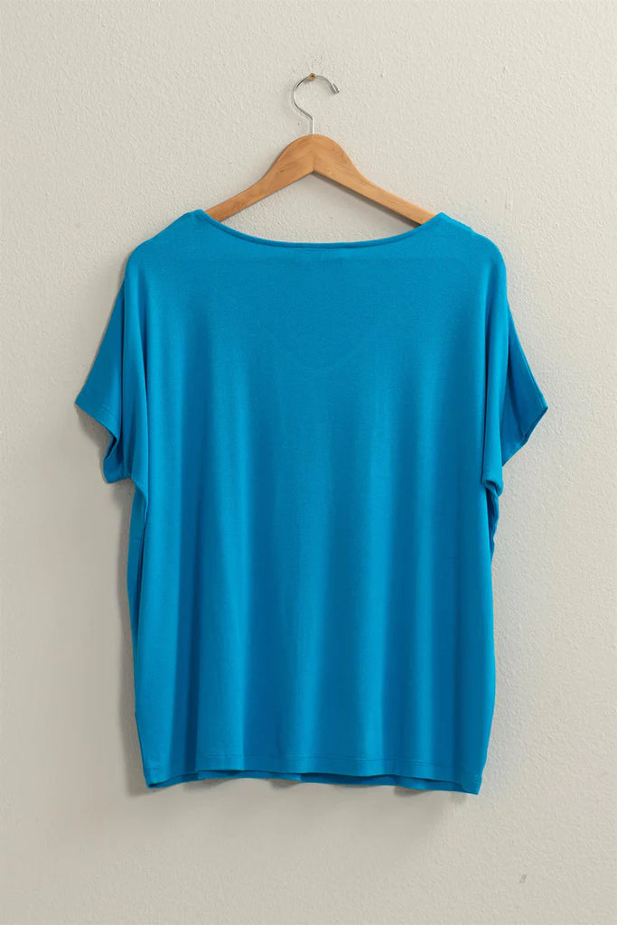 Hyfve V Neck Dolman Short Sleeve Basic Tee In Blue-shirts-Hyfve-Deja Nu Boutique, Women's Fashion Boutique in Lampasas, Texas