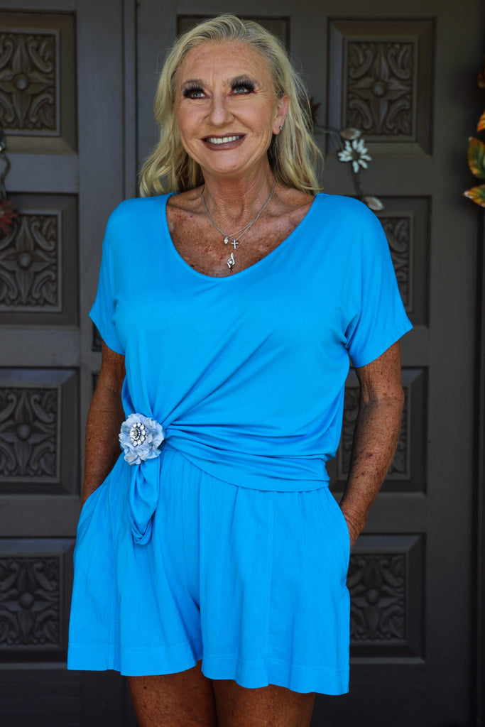 Hyfve V Neck Dolman Short Sleeve Basic Tee In Blue-shirts-Hyfve-Deja Nu Boutique, Women's Fashion Boutique in Lampasas, Texas