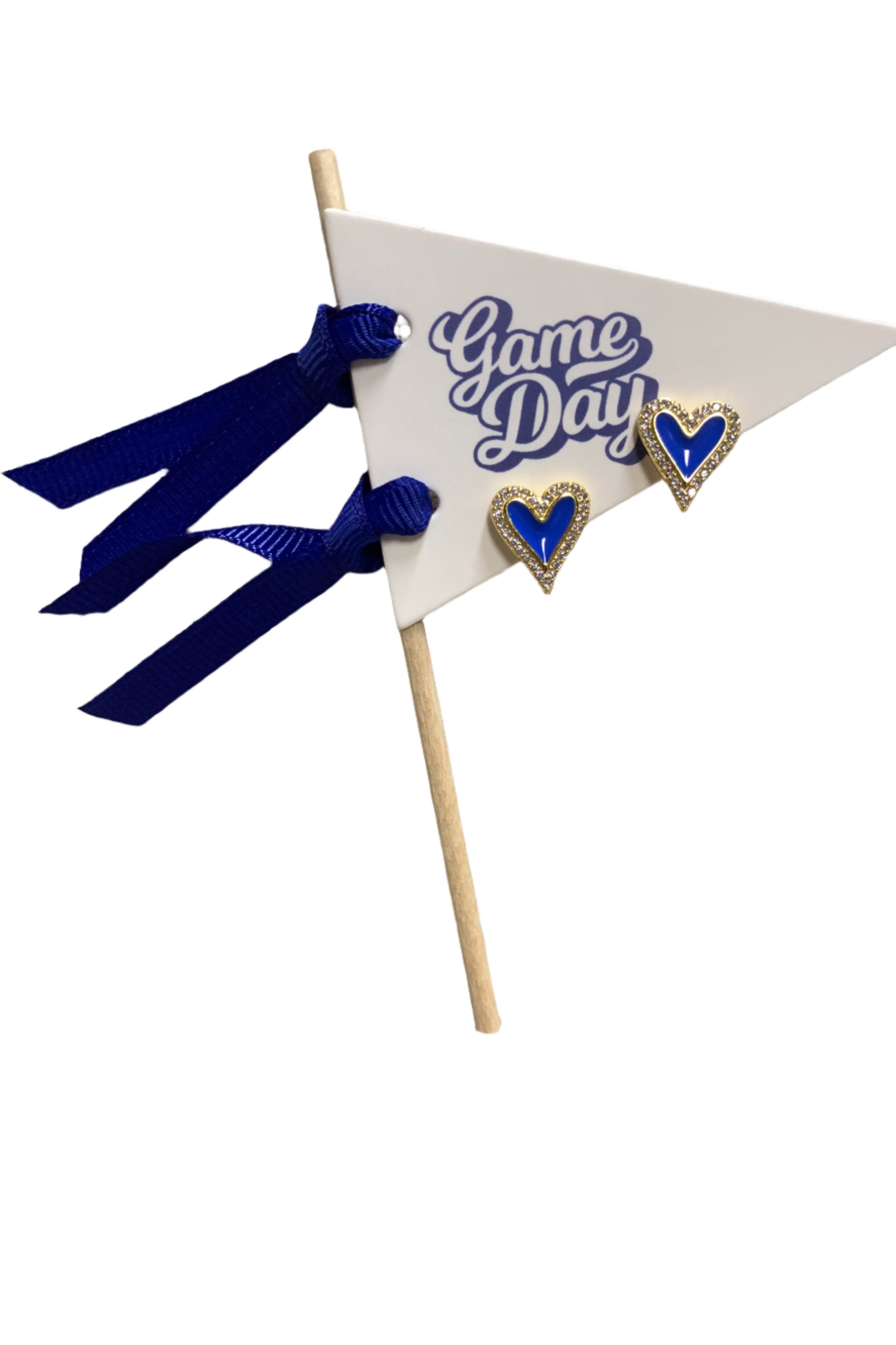 I Love Game Day: Royal Blue Heart Stud Earrings On Pennant Flag-Earrings-Color Shout-Deja Nu Boutique, Women's Fashion Boutique in Lampasas, Texas