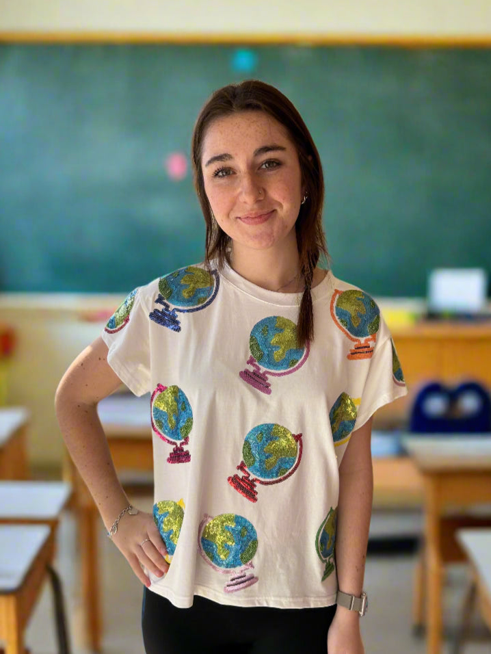 Queen of Sparkles White Globe Tee-shirts-Queen Of Sparkles-Deja Nu Boutique, Women's Fashion Boutique in Lampasas, Texas