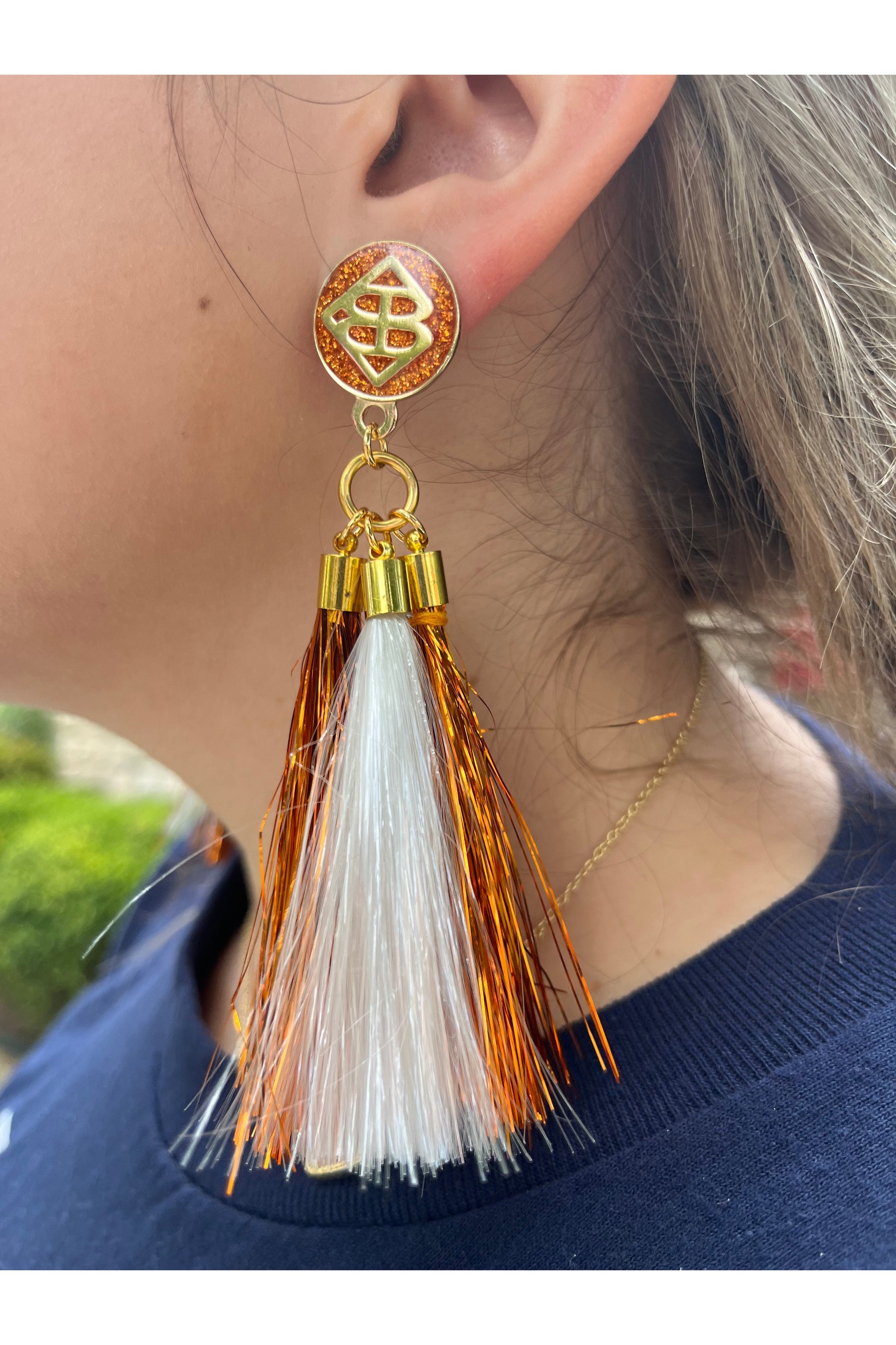 Brianna Cannon Burnt Orange And White Metallic Jumbo Tassel Earrings-Earrings-Brianna Cannon-Deja Nu Boutique, Women's Fashion Boutique in Lampasas, Texas