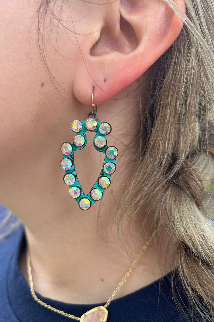 806 By Pink Panache Turquoise Metal Arrowhead Earring With AB Crystals-Earrings-806 By Pink Panache-Deja Nu Boutique, Women's Fashion Boutique in Lampasas, Texas