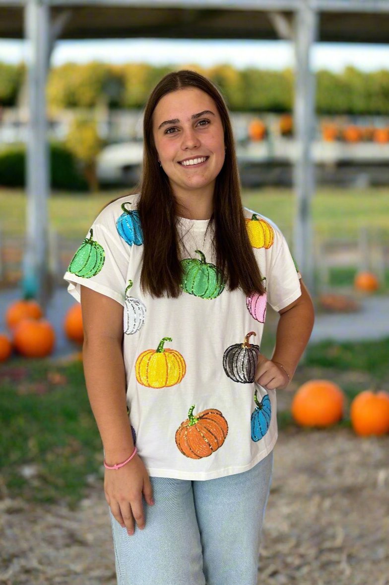 Queen Of Sparkles White Scattered Multi Pumpkin Tee-Tops-Queen Of Sparkles-Deja Nu Boutique, Women's Fashion Boutique in Lampasas, Texas