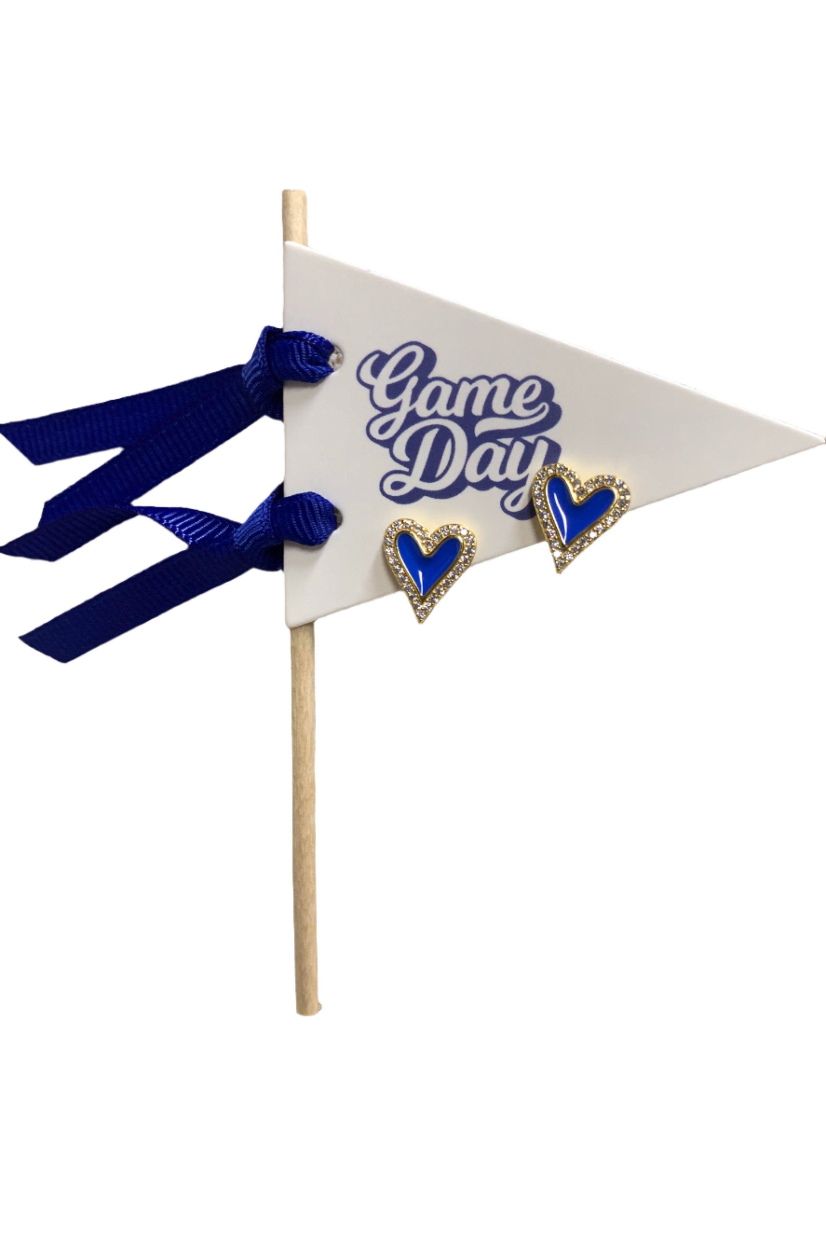 I Love Game Day: Royal Blue Heart Stud Earrings On Pennant Flag-Earrings-Color Shout-Deja Nu Boutique, Women's Fashion Boutique in Lampasas, Texas