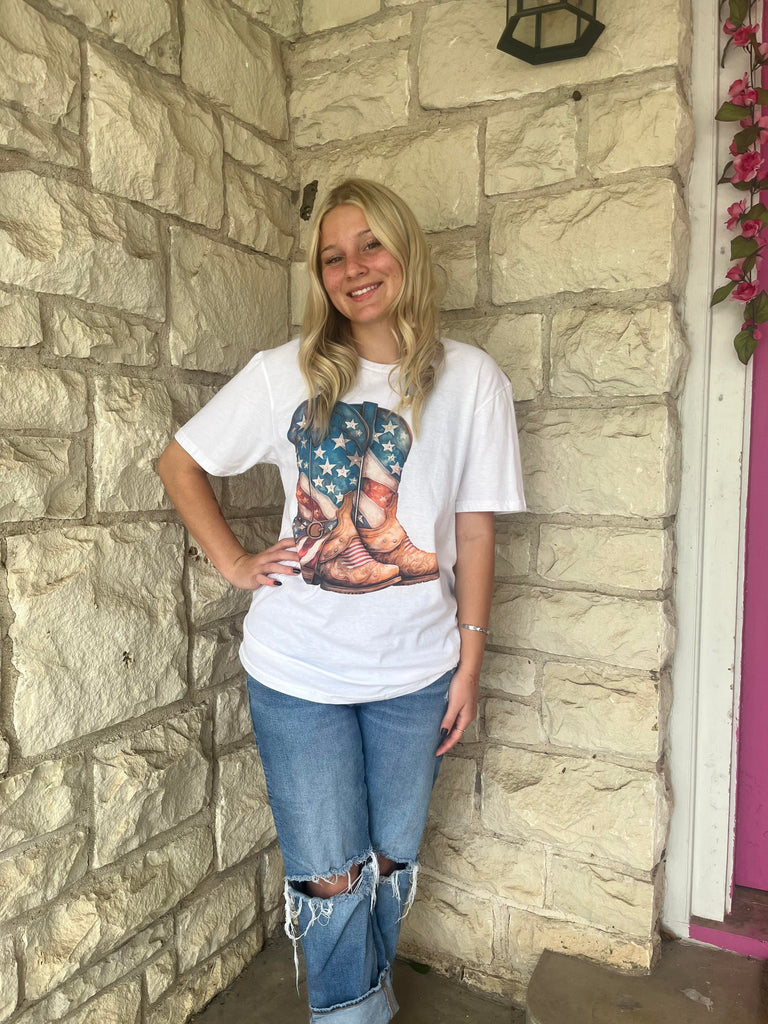 J. Coons American Flag Cowboy Boots Tee-shirts-J. Coons-Deja Nu Boutique, Women's Fashion Boutique in Lampasas, Texas