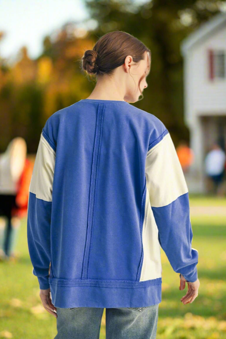 JODIFL Gameday Colorblock Sweatshirt in Royal Blue-Tops-Jodifl-Deja Nu Boutique, Women's Fashion Boutique in Lampasas, Texas