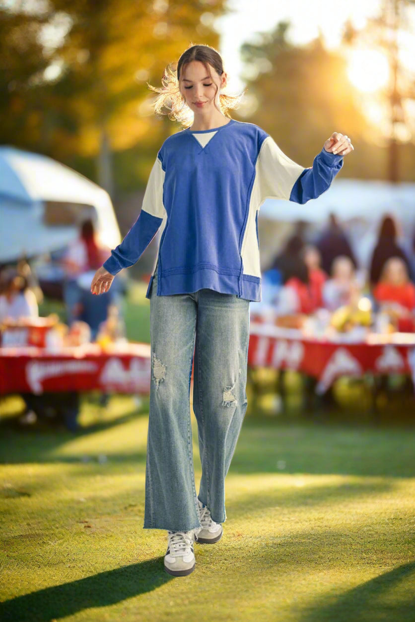 JODIFL Gameday Colorblock Sweatshirt in Royal Blue-Tops-Jodifl-Deja Nu Boutique, Women's Fashion Boutique in Lampasas, Texas