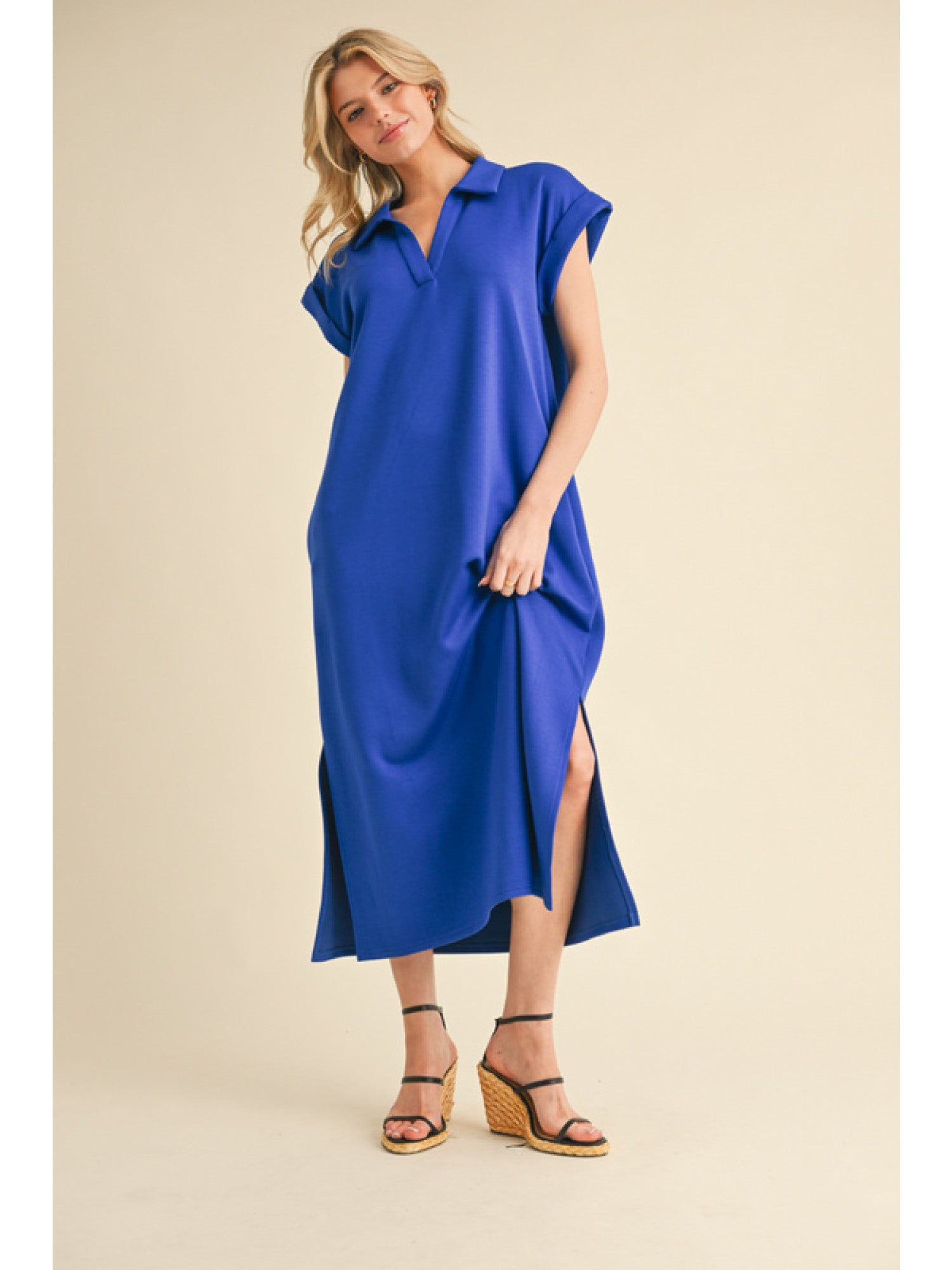 JODIFL Royal Blue Collared Midi Dress with Pockets and Side Slit-Dresses-Jodifl-Deja Nu Boutique, Women's Fashion Boutique in Lampasas, Texas
