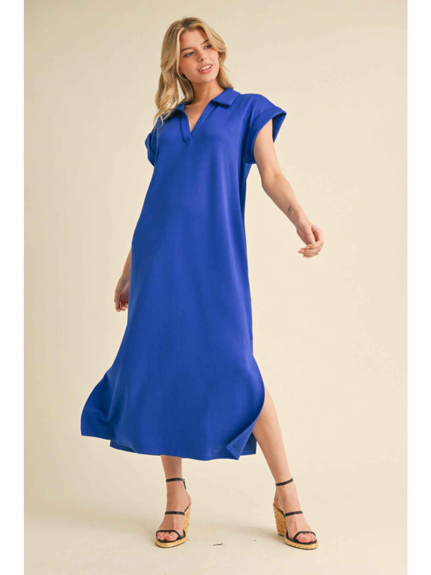 JODIFL Royal Blue Collared Midi Dress with Pockets and Side Slit-Dresses-Jodifl-Deja Nu Boutique, Women's Fashion Boutique in Lampasas, Texas