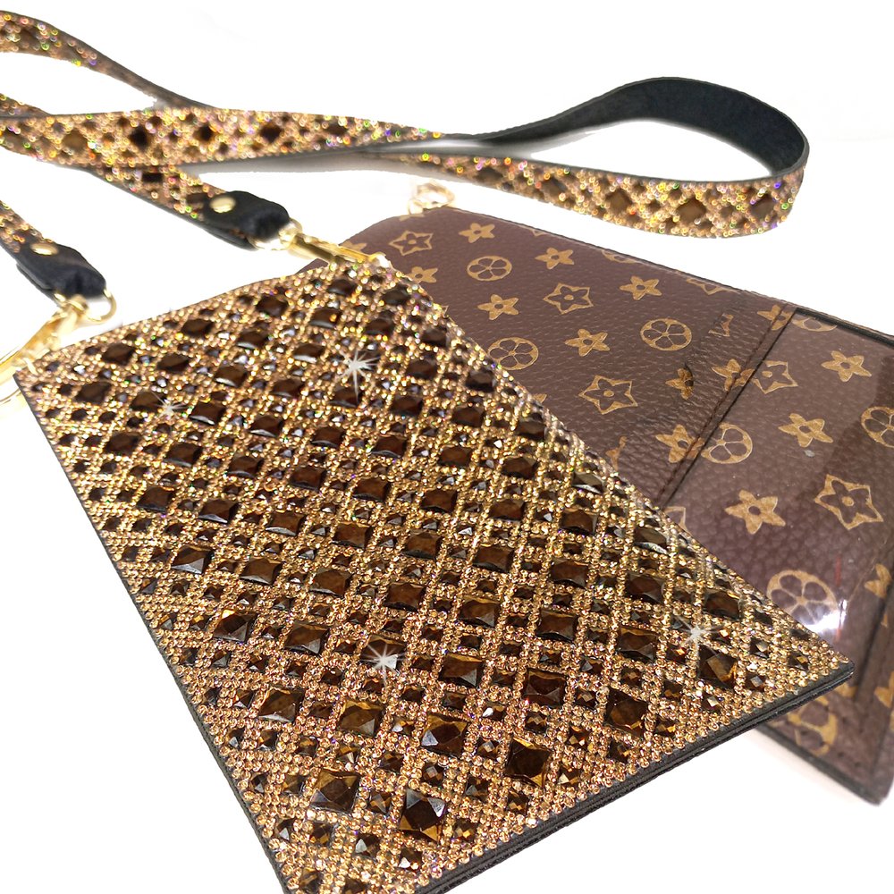 Jacqueline Kent Chocolate Diamond Crystal Cellphone Purse Brown Gold-Handbags, Wallets & Cases-Jacqueline Kent-Deja Nu Boutique, Women's Fashion Boutique in Lampasas, Texas