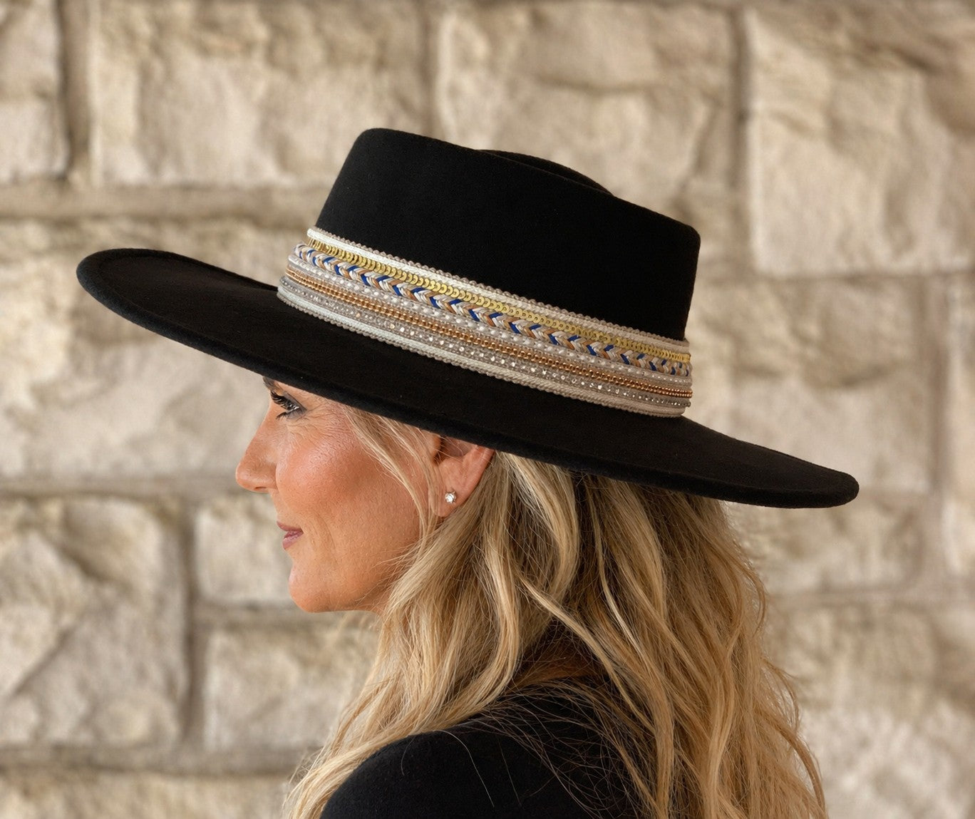Jen & Co. Blaze Multi Trim Wide Brim Fedora Hat In Black-Hats-Jen & Co.-Deja Nu Boutique, Women's Fashion Boutique in Lampasas, Texas