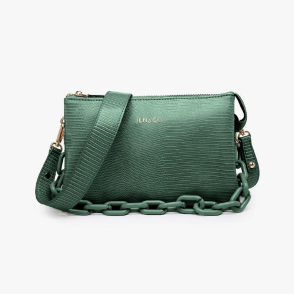 Jen & Co Izzy Lizard Crossbody With Chain Strap In Green-Handbags, Wallets & Cases-Jen & Co.-Deja Nu Boutique, Women's Fashion Boutique in Lampasas, Texas